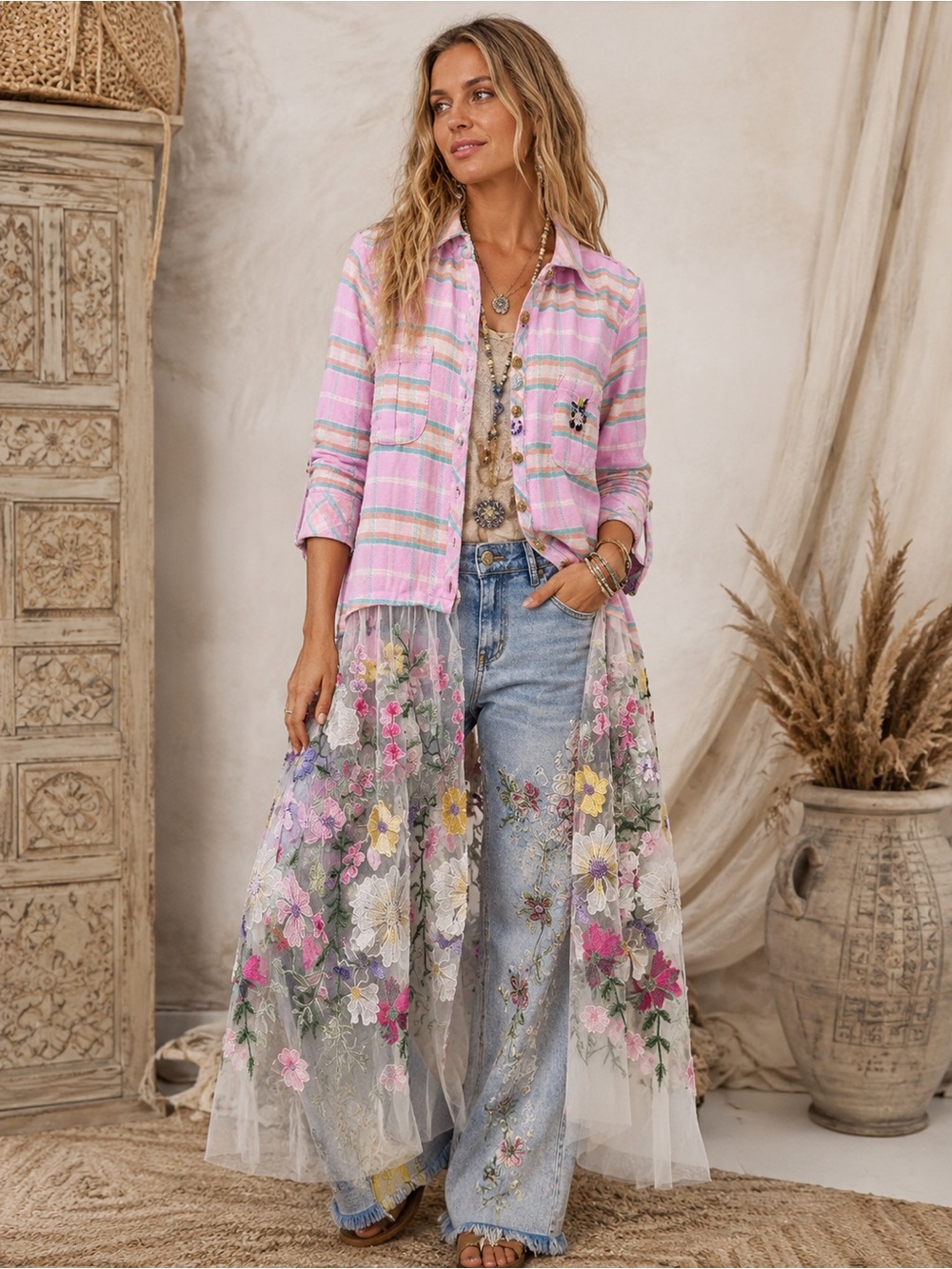 298$ Aratta Pink Plaid & Floral Embroidered Sheer Duster Jacket